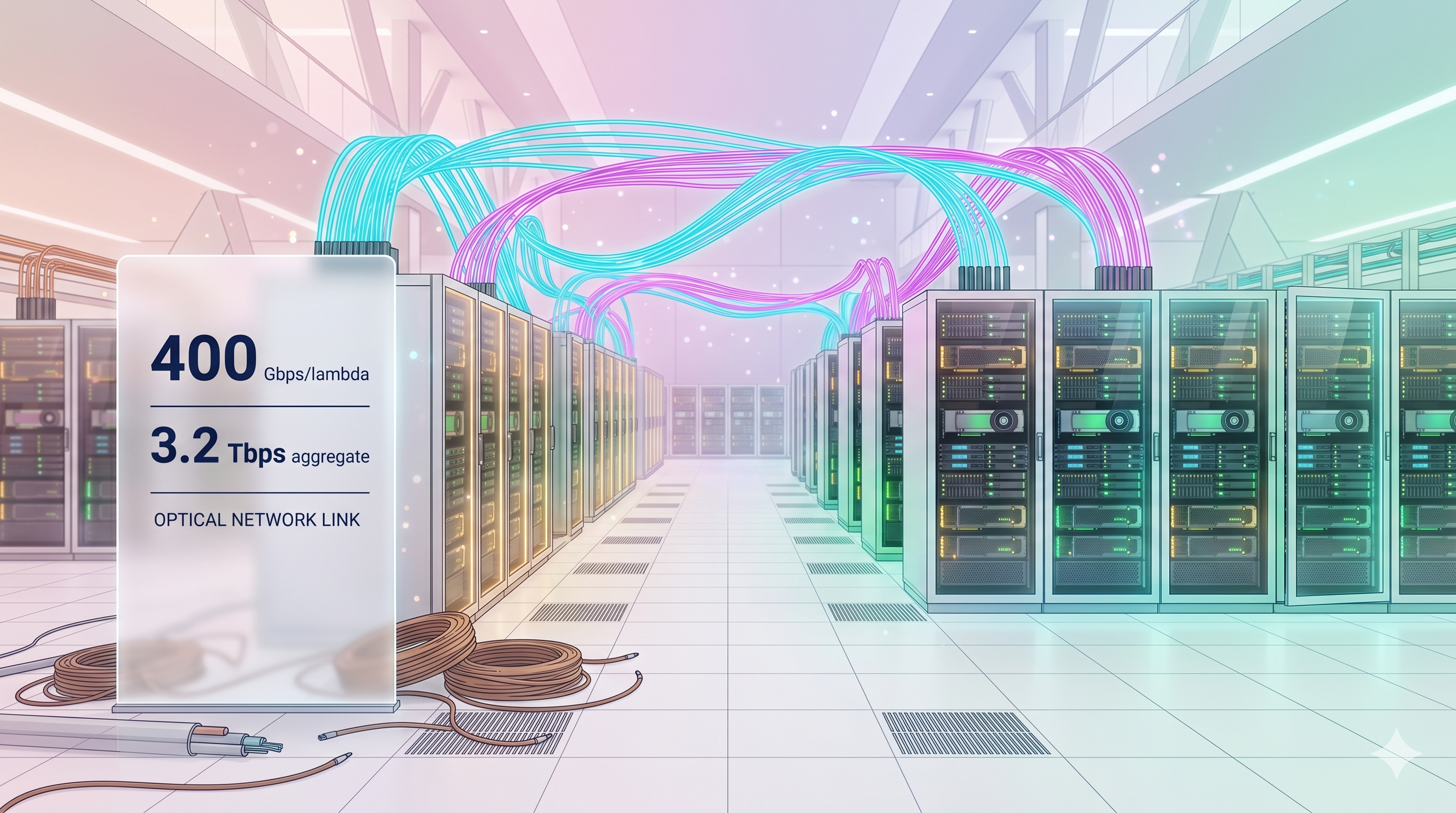 Illustration: AI data center with glowing fiber optic bundles replacing copper interconnects between GPU racks