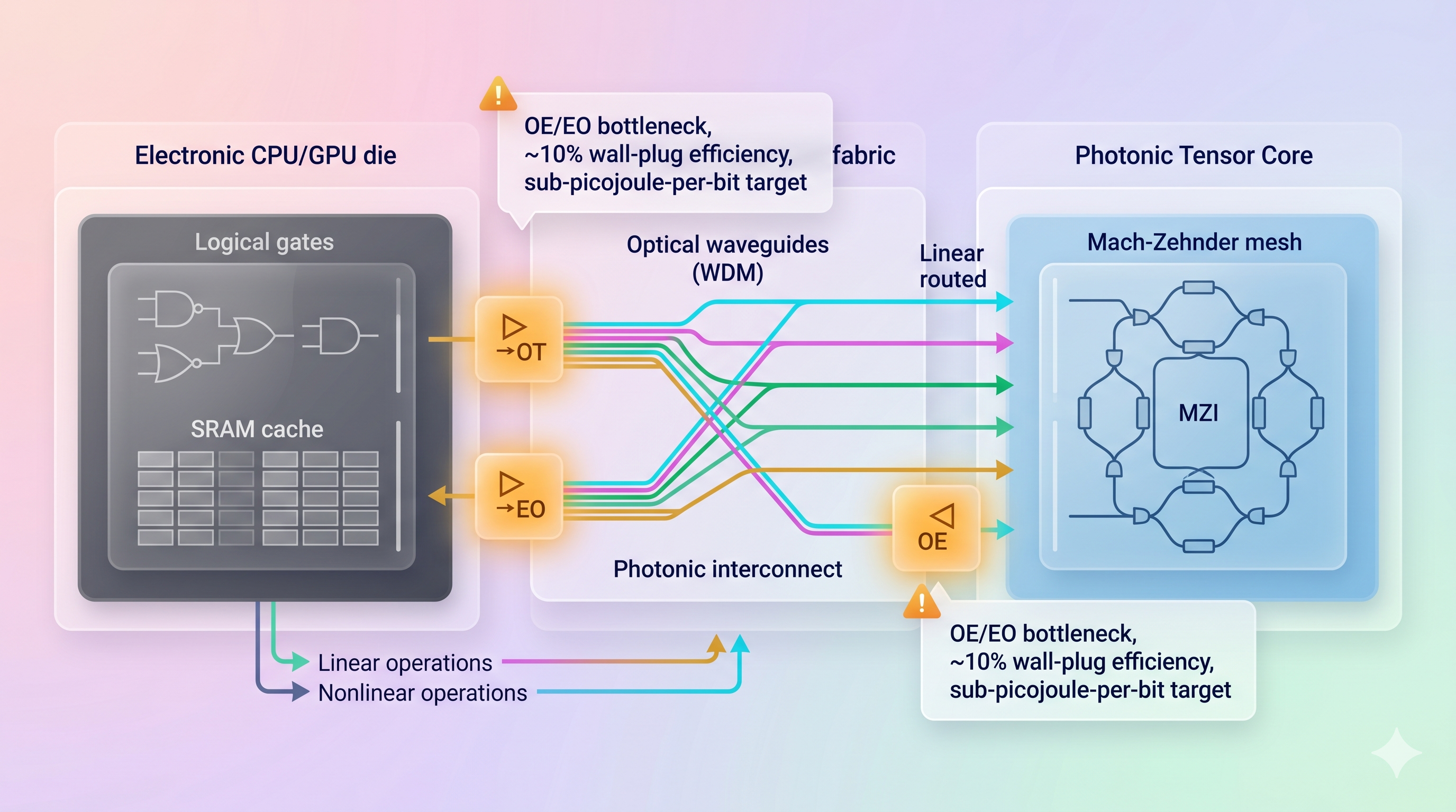 Diagram: hybrid electronic-photonic architecture showing opto-electronic conversion points as efficiency bottlenecks