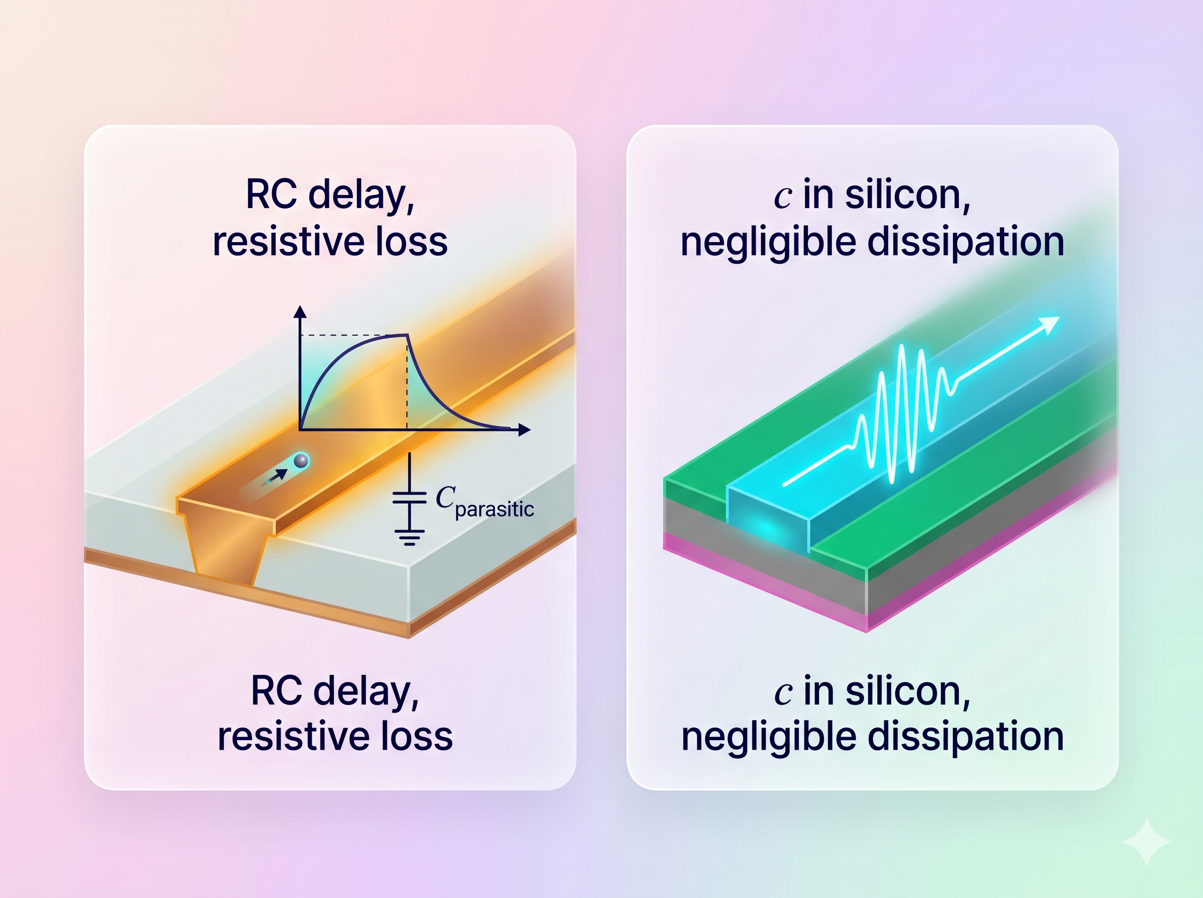 Comparative diagram: electronic signal with RC delay versus photonic signal through silicon waveguide