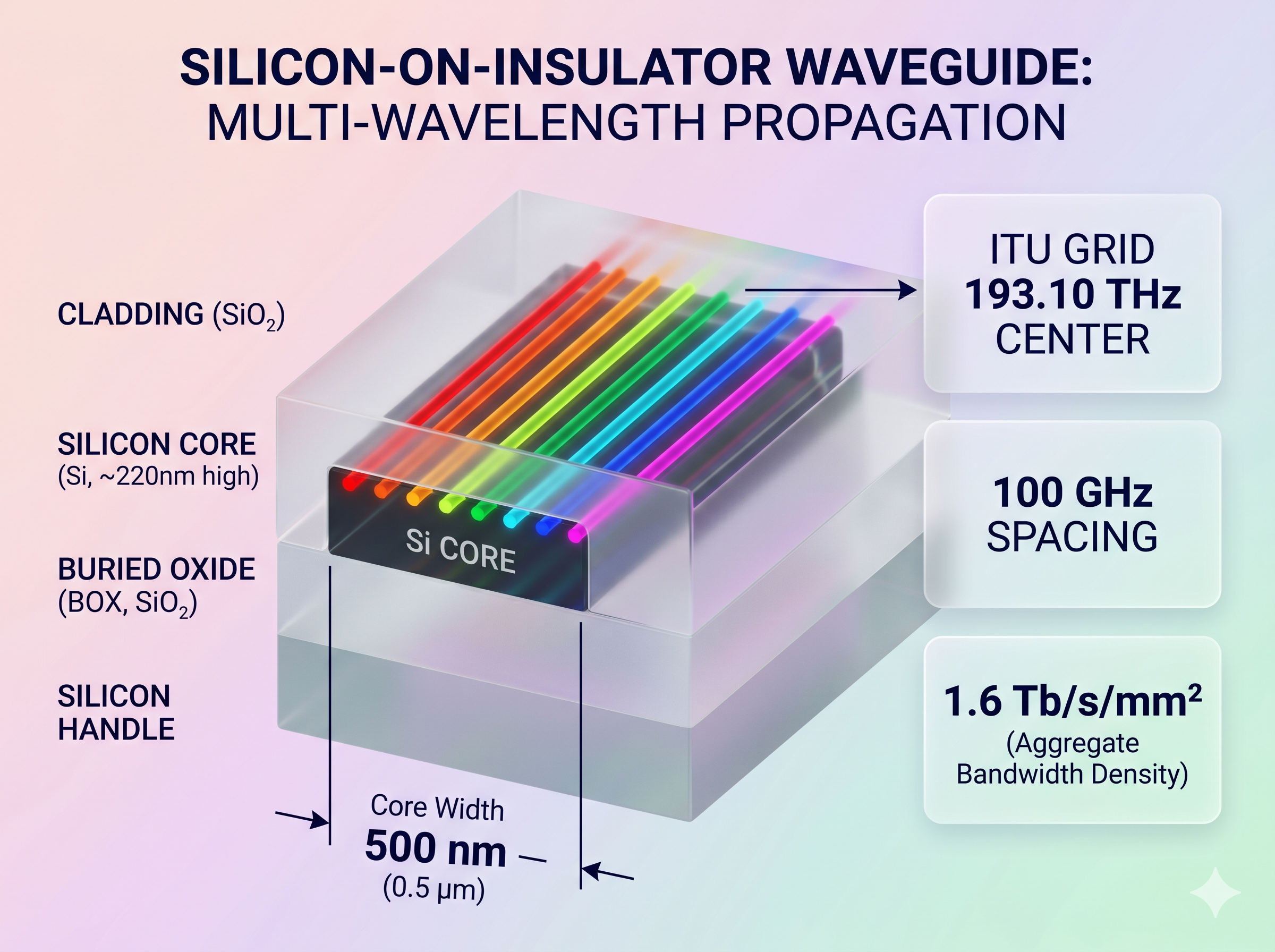 Technical diagram: silicon waveguide cross-section carrying multiple wavelength channels in parallel