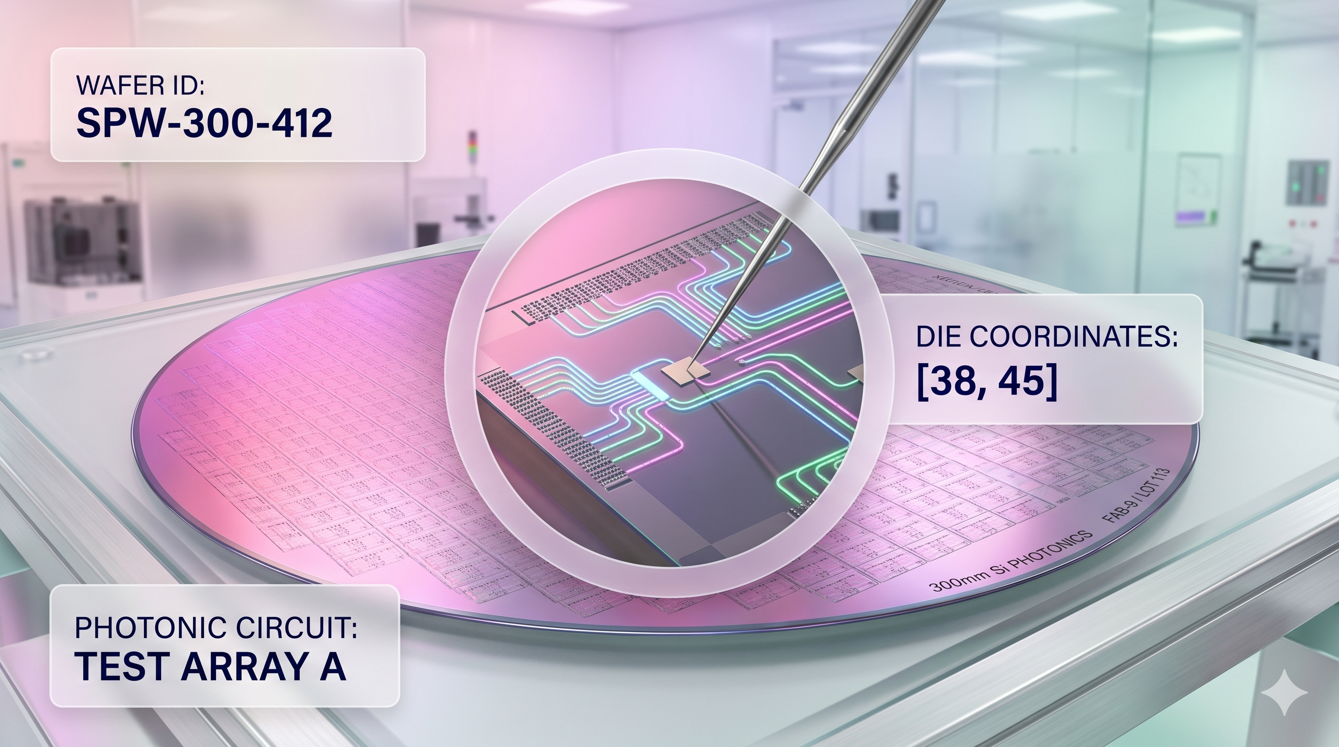 Illustration: silicon photonic chip on a 300 mm wafer with colorful light traces visible in magnified die inset